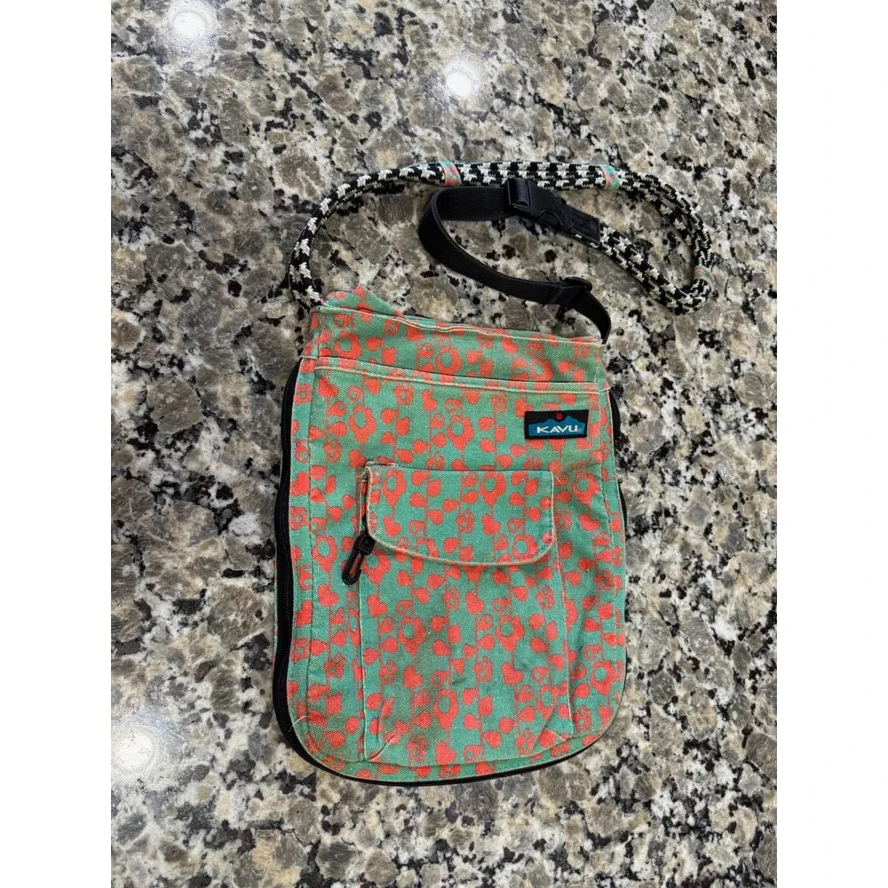 KAVU Keeper Teal Coral Floral Canvas Crossbody Bag Rope Strap Slim Travel Pouch